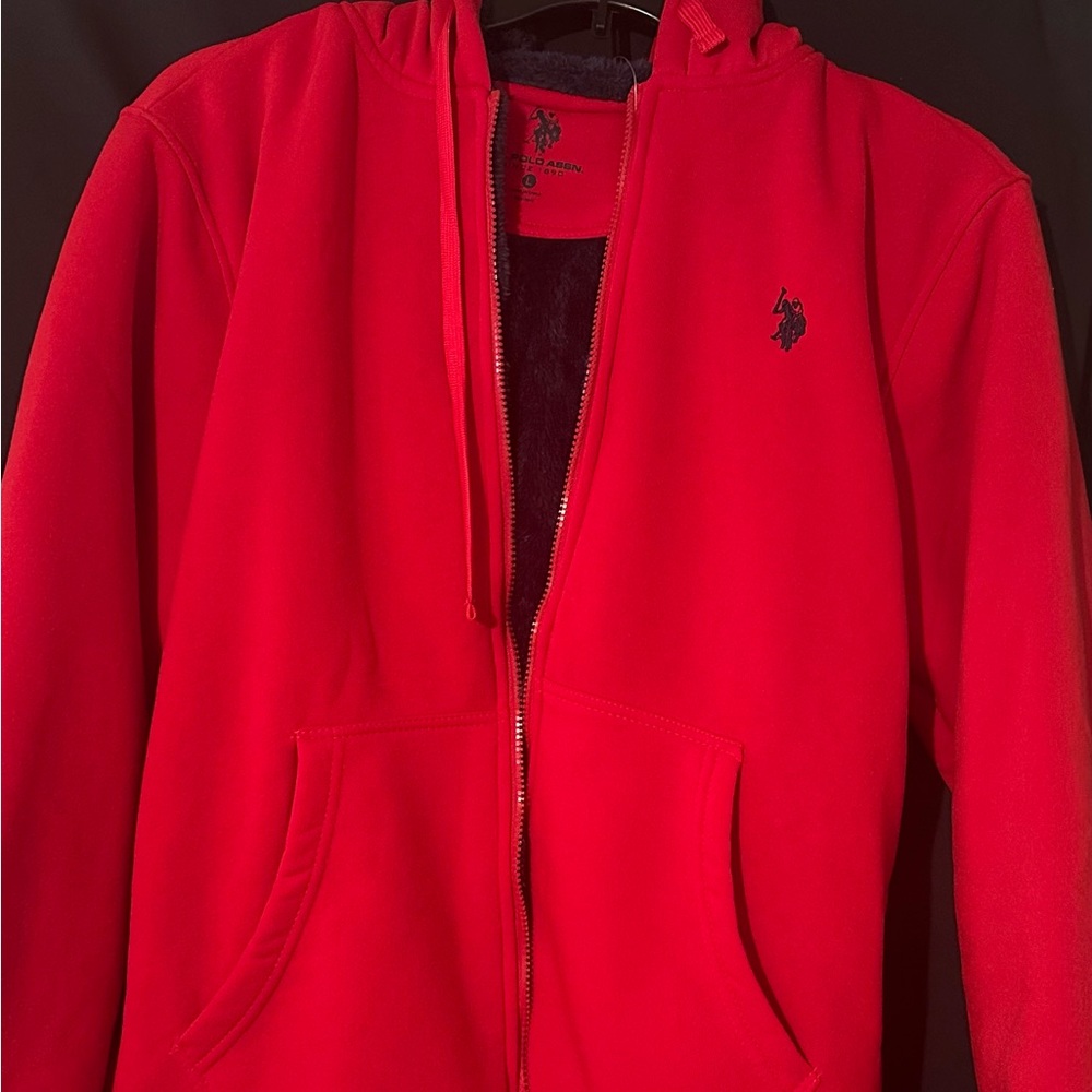 Red Polo zip up hoodie size Large new never worn only 1 available with pockets